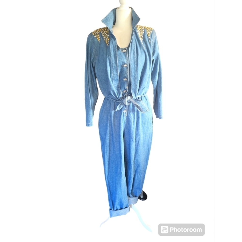 Vintage 80s strong shoulder one piece denim bling jumpsuit sz 10 light wash